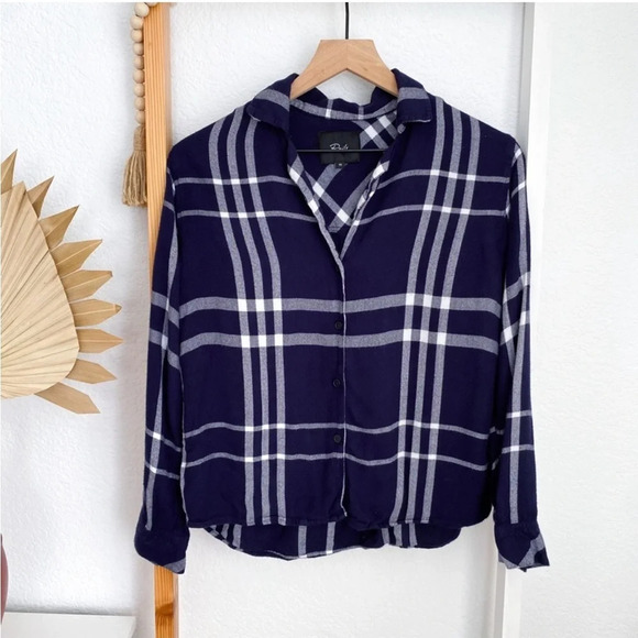 Rails Long Sleeve Trouser Pajama Top Shirt Navy Blue White Plaid Flannel XS - Picture 5 of 16